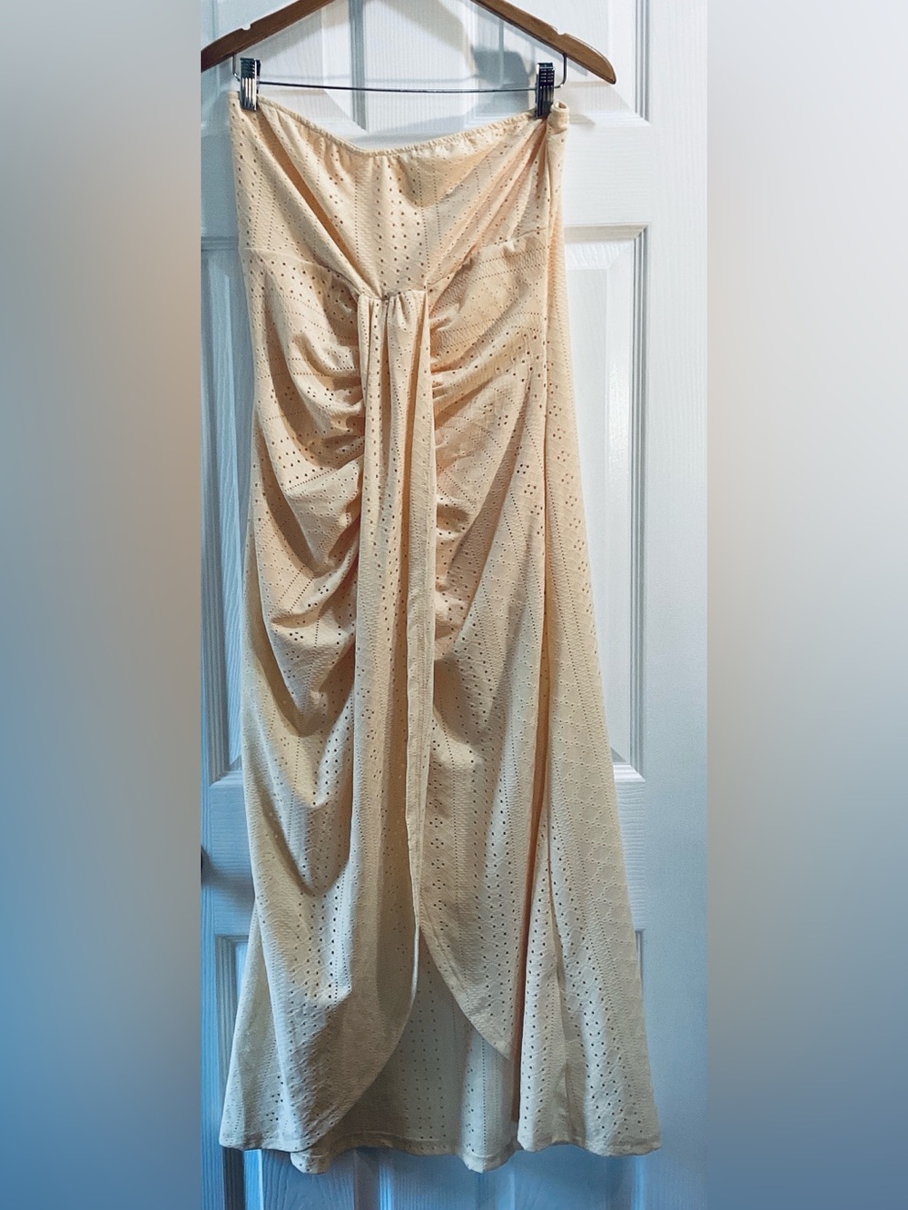 Chicme Strapless Eyelet Maxi Dress in Beige